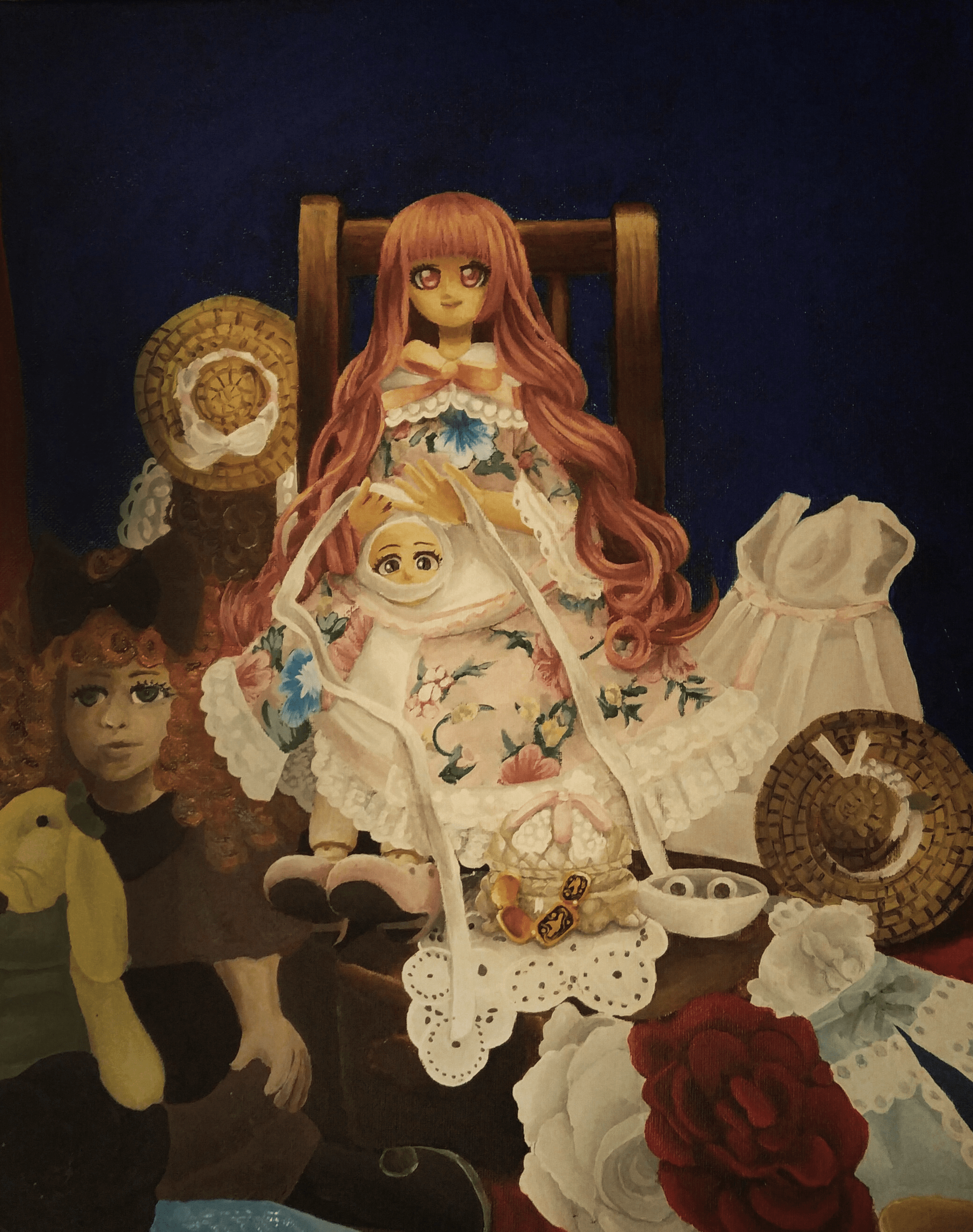 The painting, which features doll and doll-related objects