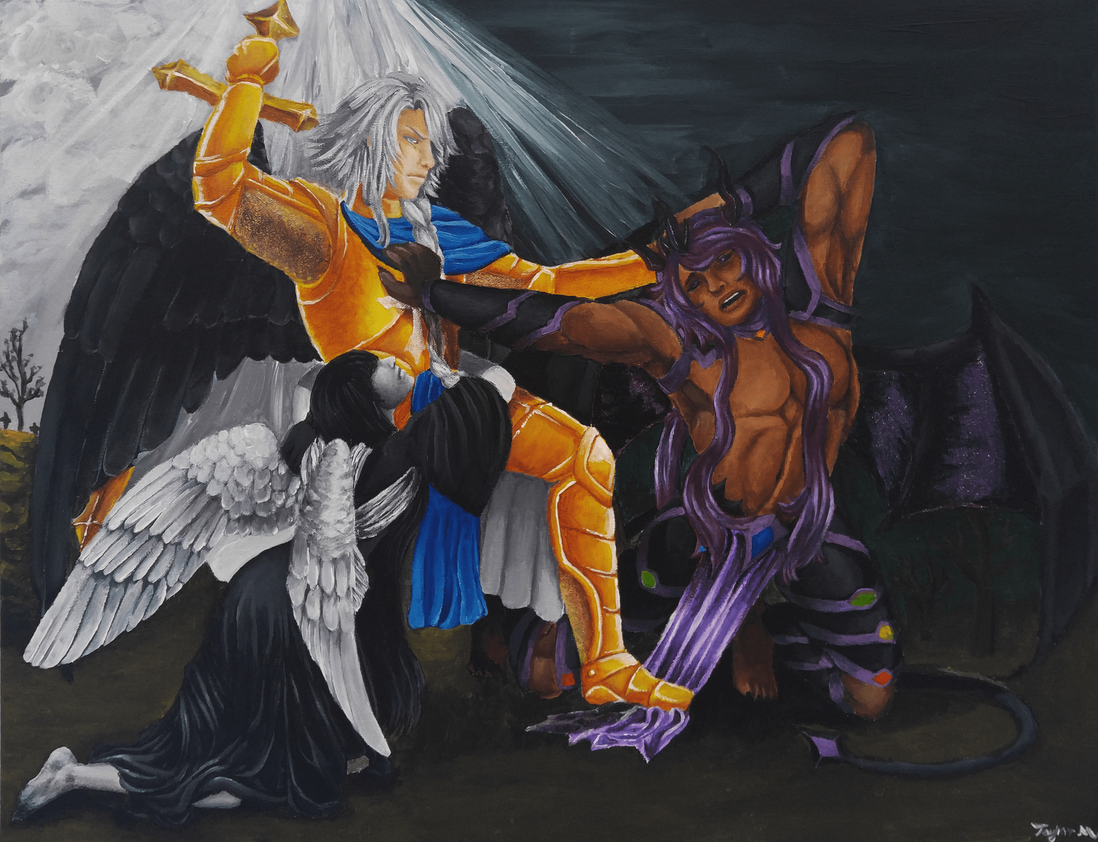 Finished painting, featuring two angels and a demon fighting, with one angel trying to make peace.